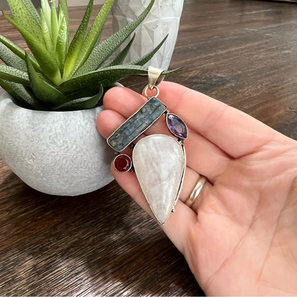 Sterling Silver 925 Multi Gemstone Moonstone Garnet Amethyst Kyanite Pendant - Picture 3 of 10